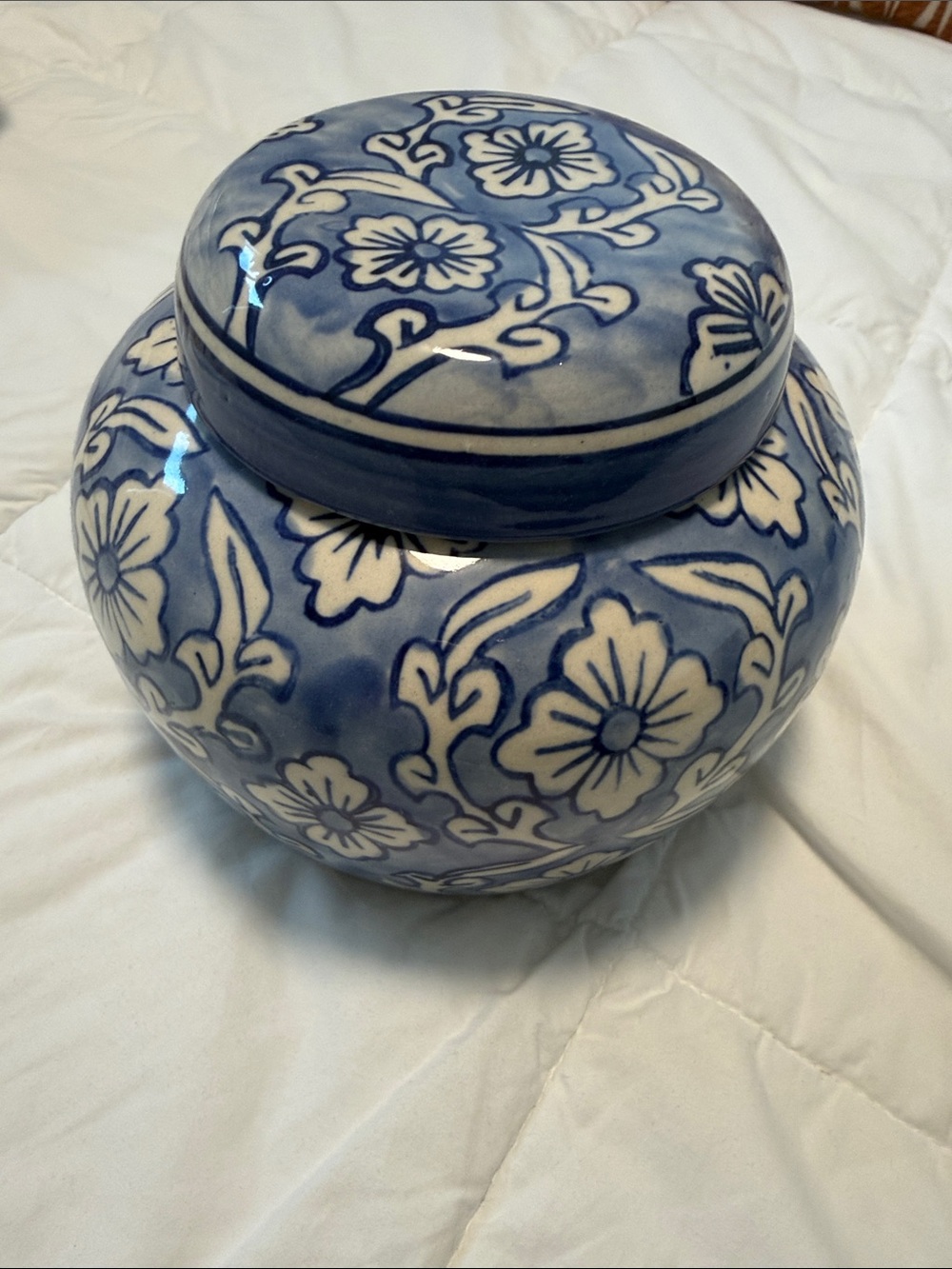 Blue and White Floral Ceramic Ginger Jar - Home Art